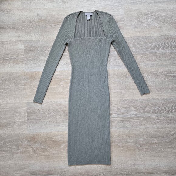 H&M Khaki Green Rib Knit Long Sleeve Midi Dress With Square Neckline Size Small - Picture 1 of 17
